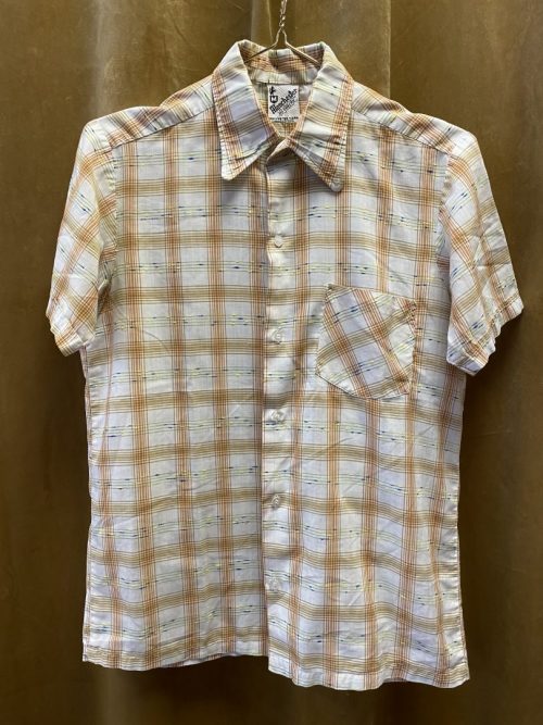 Vintage  herreskjorte kortermet med brunt og grønt mønster str S