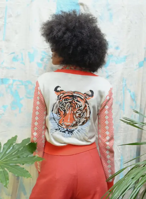 Vera Large Tiger Cardigan - Cream/Red