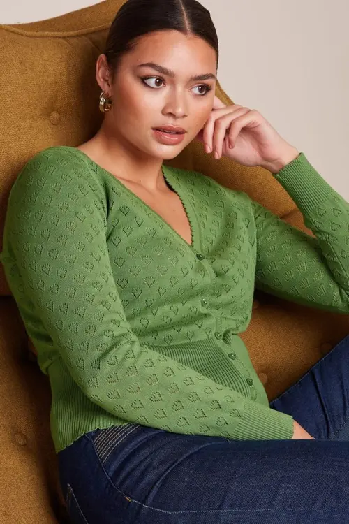 V Heart Ajour Cardigan - Jade Green