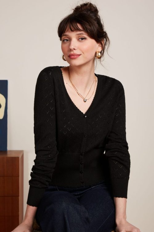 V Heart Ajour Cardigan - Black