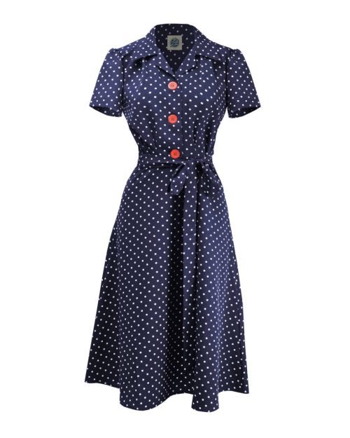 Pretty 40s Shirt Dress -  Navy Polka
