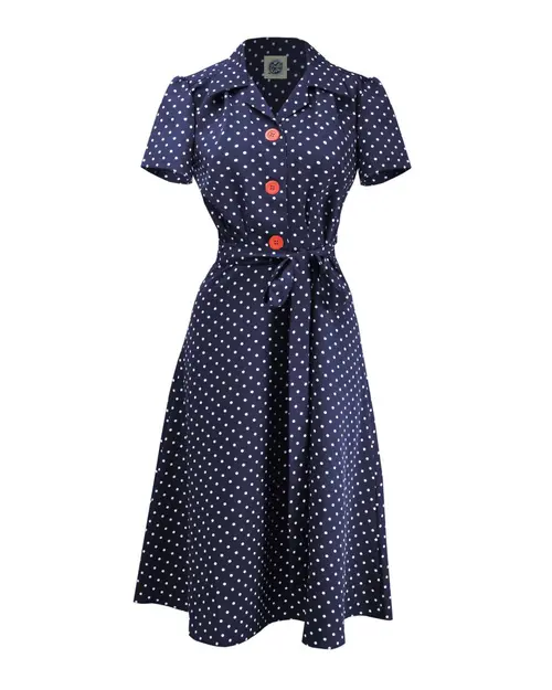 Pretty 40s Shirt Dress -  Navy Polka