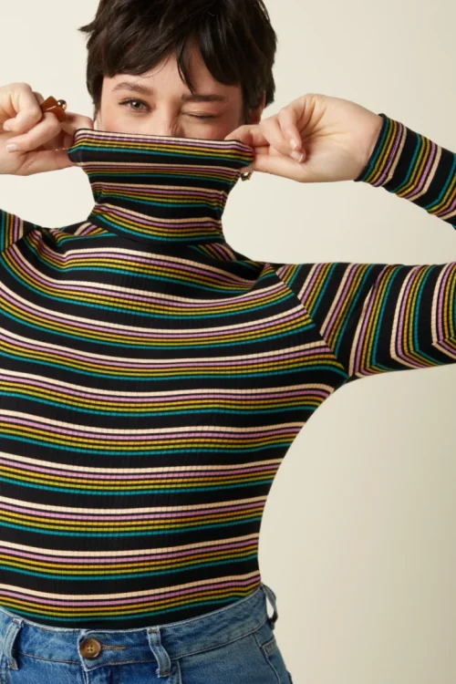 Rollneck Frostine Stripe Topp - Woodbine Green