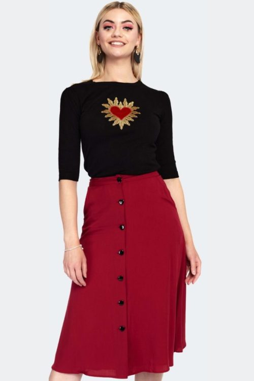 Red Heart Button Midi Skirt