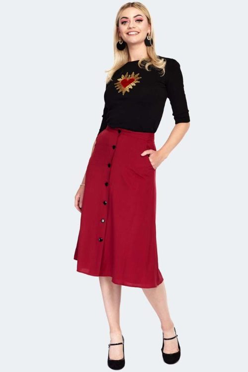 Red Heart Button Midi Skirt