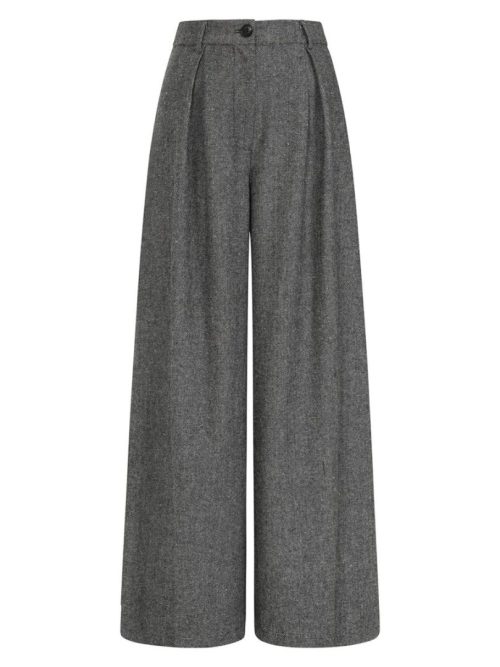 Lori Herringbone Palazzo Trousers - 40s Style Wool Mix Wide Leg Pants-Grey