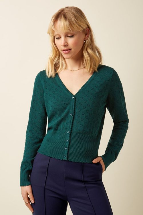 V Heart Ajour Cardigan - Dragonfly Green