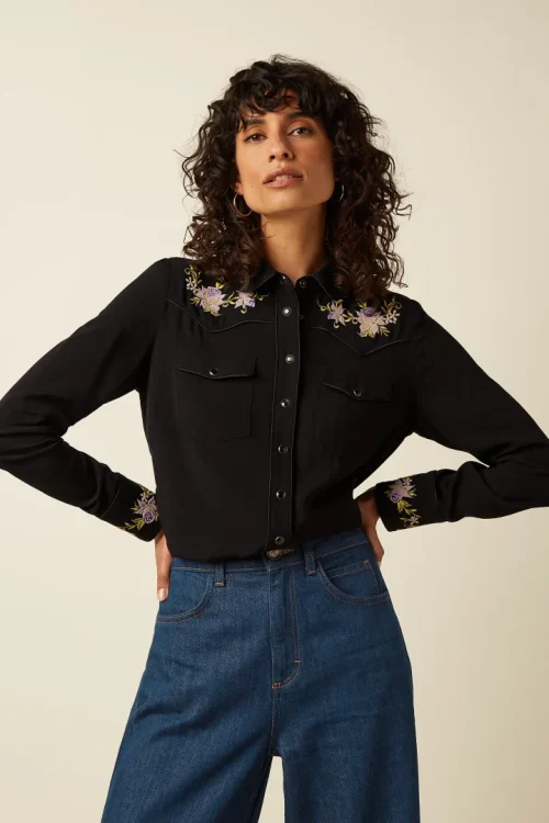 Western Rosetta Embroidery Bluse - Black